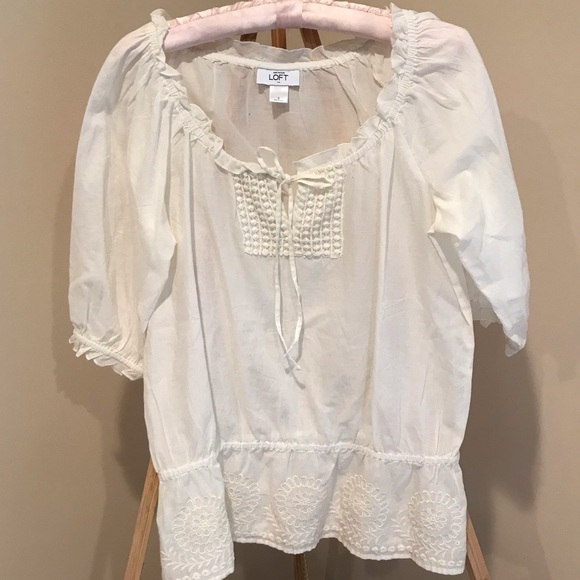 NWOT LOFT white peasant cinch blouse - Picture 2 of 4